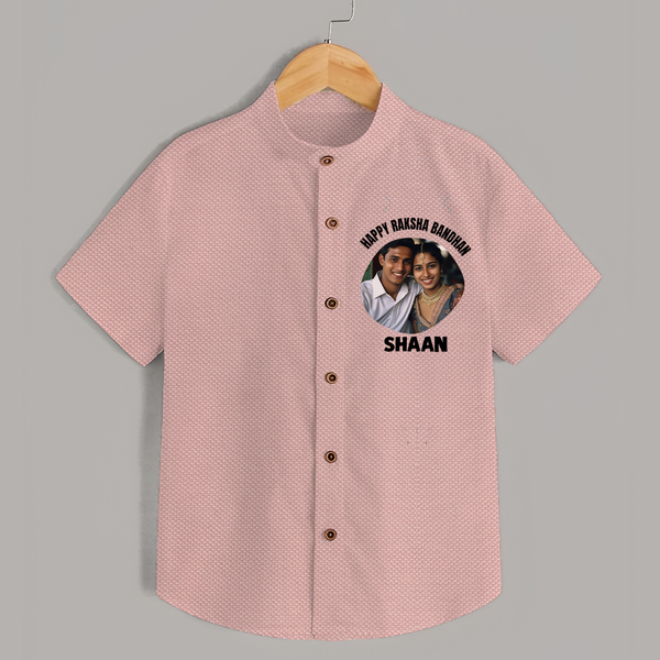 Happy Rakhi Cute Kids Print Shirt – boy-girl sitting and tying rakhi illustration. - PEACH - 0 - 6 Months Old (Chest 23")