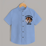 Happy Rakhi Cute Kids Print Shirt – boy-girl sitting and tying rakhi illustration. - SKY BLUE - 0 - 6 Months Old (Chest 23")