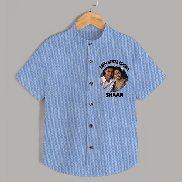 Happy Rakhi Cute Kids Print Shirt – boy-girl sitting and tying rakhi illustration. - SKY BLUE - 0 - 6 Months Old (Chest 23")