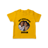 Happy Rakhi Cute Kids Print TShirt – boy-girl sitting and tying rakhi illustration. - CHROME YELLOW - 0-5 Months Old (Chest 17")