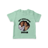 Happy Rakhi Cute Kids Print TShirt – boy-girl sitting and tying rakhi illustration. - MINT GREEN - 0-5 Months Old (Chest 17")