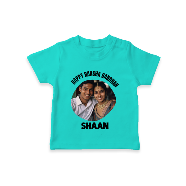 Happy Rakhi Cute Kids Print TShirt – boy-girl sitting and tying rakhi illustration. - TEAL - 0-5 Months Old (Chest 17")