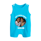 Happy Rakhi Cute Kids Print Button Romper – boy-girl sitting and tying rakhi illustration. - SKY BLUE - New Born (Chest 18")