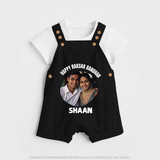 Happy Rakhi Cute Kids Print Dungaree – boy-girl sitting and tying rakhi illustration. - BLACK - 0 - 5 Months Old (Chest 18")