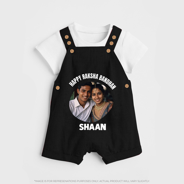Happy Rakhi Cute Kids Print Dungaree – boy-girl sitting and tying rakhi illustration. - BLACK - 0 - 5 Months Old (Chest 18")