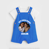 Happy Rakhi Cute Kids Print Dungaree – boy-girl sitting and tying rakhi illustration. - COBALT BLUE - 0 - 5 Months Old (Chest 18")