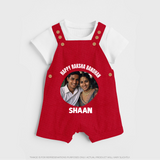 Happy Rakhi Cute Kids Print Dungaree – boy-girl sitting and tying rakhi illustration. - RED - 0 - 5 Months Old (Chest 18")