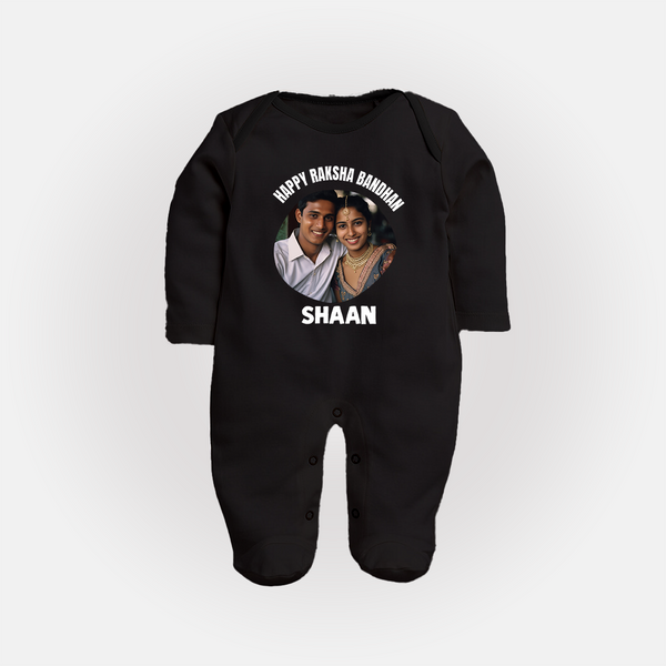 Happy Rakhi Cute Kids Print Fullbody Suit – boy-girl sitting and tying rakhi illustration. - BLACK - New Born (Chest 7.5")