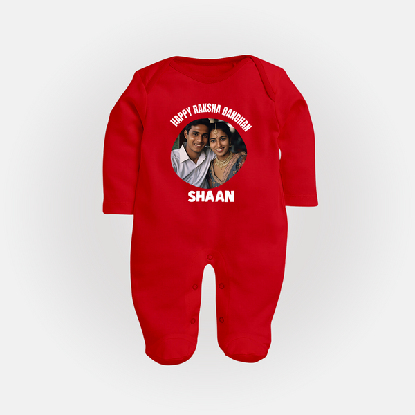 Happy Rakhi Cute Kids Print Fullbody Suit – boy-girl sitting and tying rakhi illustration. - RED - New Born (Chest 7.5")