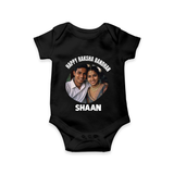 Happy Rakhi Cute Kids Print Romper  – boy-girl sitting and tying rakhi illustration. - BLACK - New Born (Chest 14")