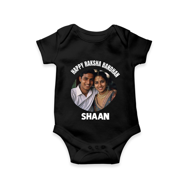 Happy Rakhi Cute Kids Print Romper  – boy-girl sitting and tying rakhi illustration. - BLACK - New Born (Chest 14")