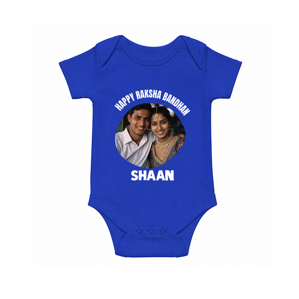 Happy Rakhi Cute Kids Print Romper  – boy-girl sitting and tying rakhi illustration. - COBALT BLUE - New Born (Chest 14")