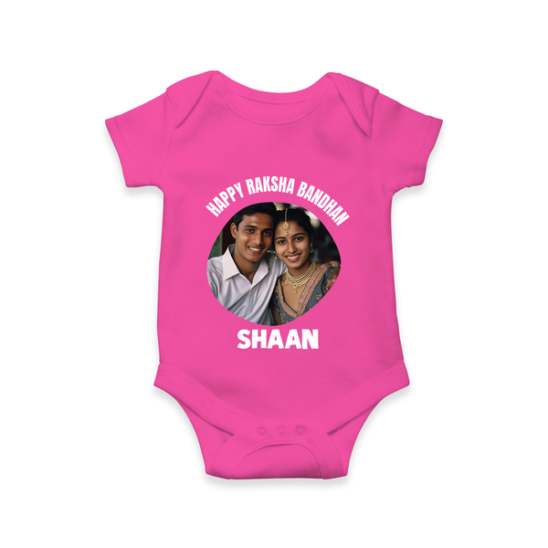 Happy Rakhi Cute Kids Print Romper  – boy-girl sitting and tying rakhi illustration. - HOT PINK - New Born (Chest 14")