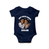 Happy Rakhi Cute Kids Print Romper  – boy-girl sitting and tying rakhi illustration. - NAVY BLUE - New Born (Chest 14")