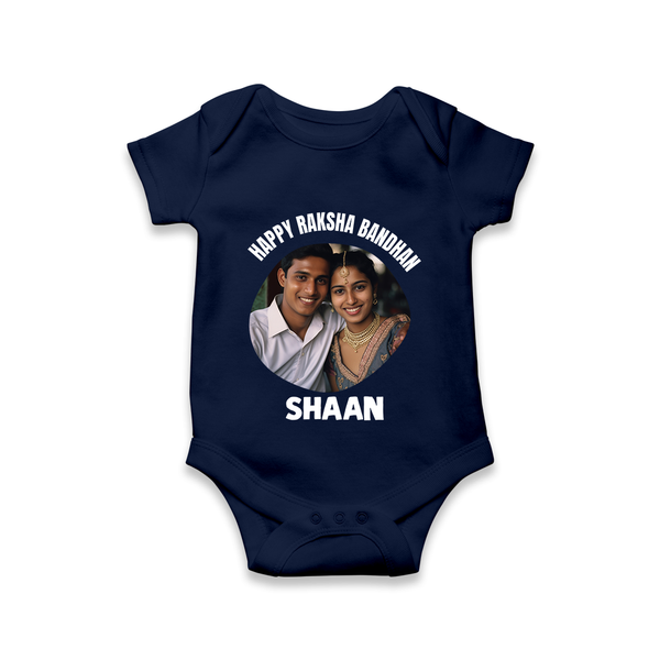 Happy Rakhi Cute Kids Print Romper  – boy-girl sitting and tying rakhi illustration. - NAVY BLUE - New Born (Chest 14")