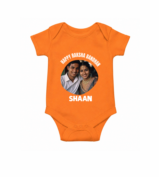 Happy Rakhi Cute Kids Print Romper  – boy-girl sitting and tying rakhi illustration.