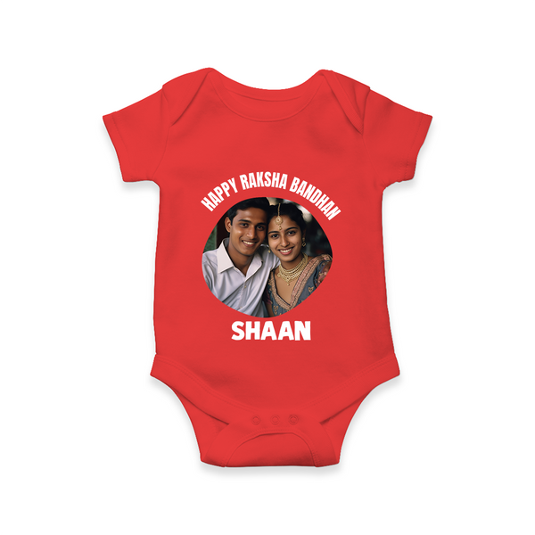 Happy Rakhi Cute Kids Print Romper  – boy-girl sitting and tying rakhi illustration. - RED - New Born (Chest 14")
