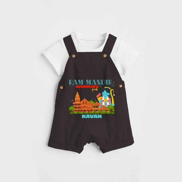 "Radiate festive cheer in our 'Ram Madir Ayothya's Pride' Customised Dungaree Set for Kids - CHOCOLATE BROWN - 0 - 3 Months Old (Chest 17")