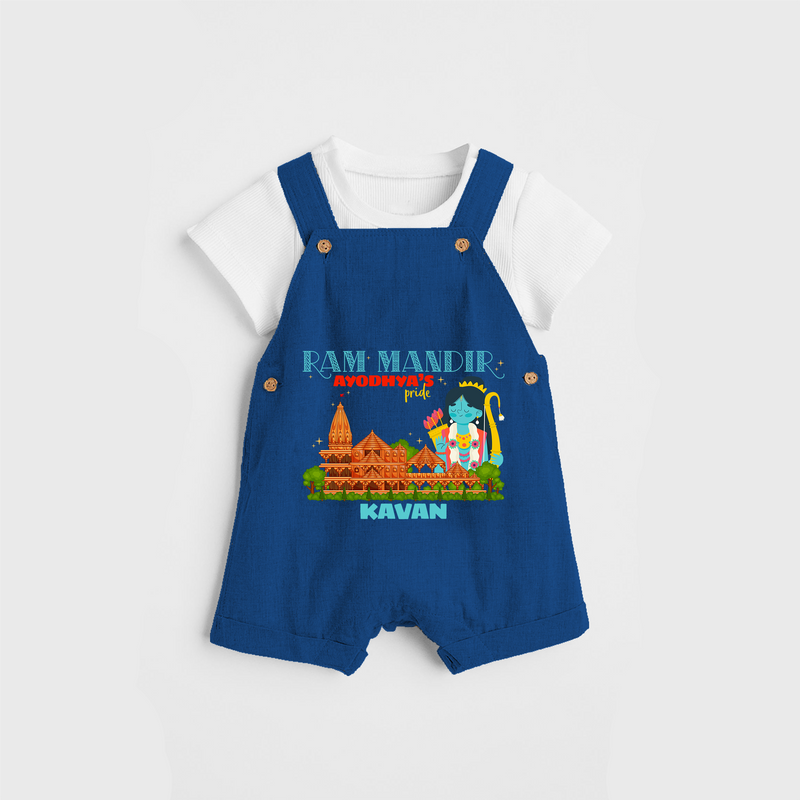 "Radiate festive cheer in our 'Ram Madir Ayothya's Pride' Customised Dungaree Set for Kids - COBALT BLUE - 0 - 3 Months Old (Chest 17")