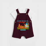 "Radiate festive cheer in our 'Ram Madir Ayothya's Pride' Customised Dungaree Set for Kids - MAROON - 0 - 3 Months Old (Chest 17")