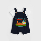 "Radiate festive cheer in our 'Ram Madir Ayothya's Pride' Customised Dungaree Set for Kids - NAVY BLUE - 0 - 3 Months Old (Chest 17")