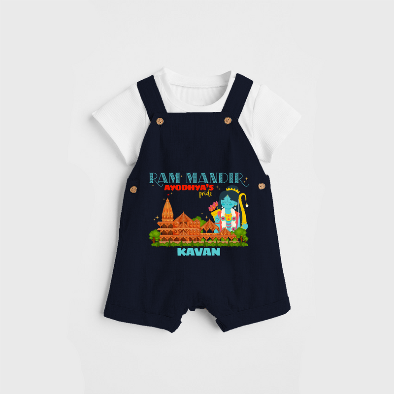 "Radiate festive cheer in our 'Ram Madir Ayothya's Pride' Customised Dungaree Set for Kids - NAVY BLUE - 0 - 3 Months Old (Chest 17")