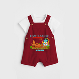 "Radiate festive cheer in our 'Ram Madir Ayothya's Pride' Customised Dungaree Set for Kids - RED - 0 - 3 Months Old (Chest 17")