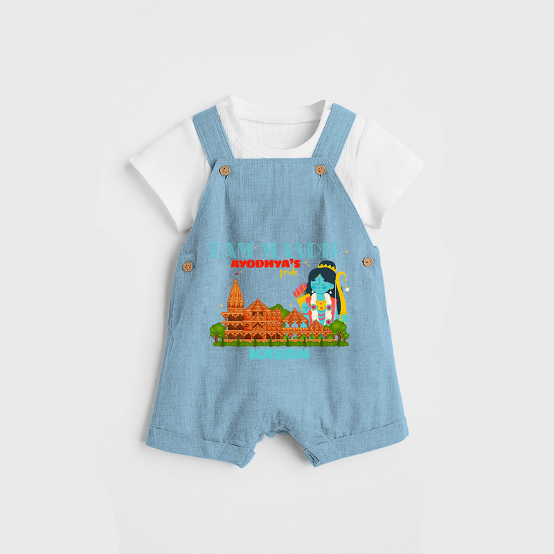"Radiate festive cheer in our 'Ram Madir Ayothya's Pride' Customised Dungaree Set for Kids - SKY BLUE - 0 - 3 Months Old (Chest 17")