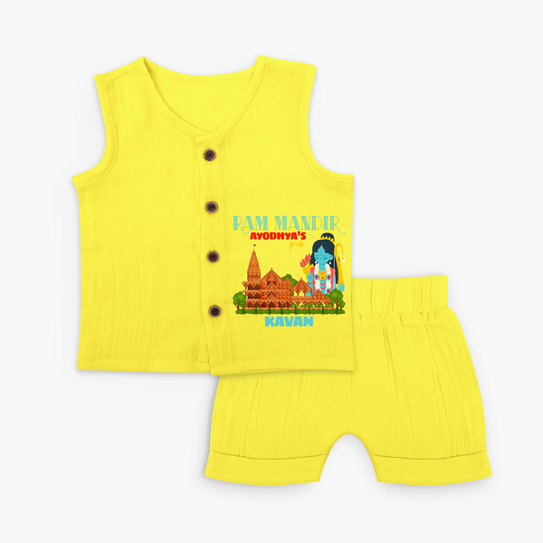 "Radiate festive cheer in our 'Ram Madir Ayothya's Pride' Customised Jabla Set for Kids - YELLOW - 0 - 3 Months Old (Chest 9.8")