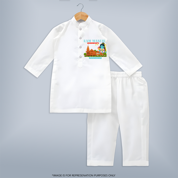 "Radiate festive cheer in our 'Ram Madir Ayothya's Pride' Customised Kurta Set for Kids - WHITE - 0 - 6 Months Old (Chest 22", Waist 18", Pant Length 16")