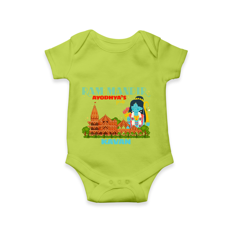 "Radiate festive cheer in our 'Ram Madir Ayothya's Pride' Customised Romper for Kids - LIME GREEN - 0 - 3 Months Old (Chest 16")