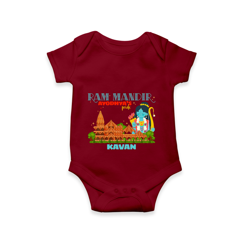 "Radiate festive cheer in our 'Ram Madir Ayothya's Pride' Customised Romper for Kids - MAROON - 0 - 3 Months Old (Chest 16")