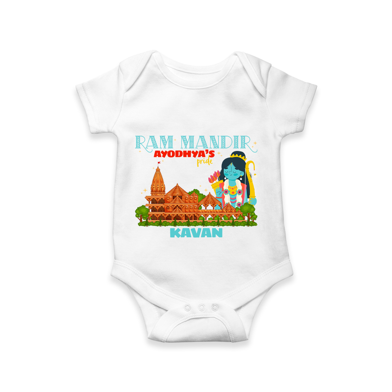 "Radiate festive cheer in our 'Ram Madir Ayothya's Pride' Customised Romper for Kids - WHITE - 0 - 3 Months Old (Chest 16")