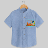 "Radiate festive cheer in our 'Ram Madir Ayothya's Pride' Customised Shirt for Kids - BLUE CHAMBREY - 0 - 6 Months Old (Chest 21")