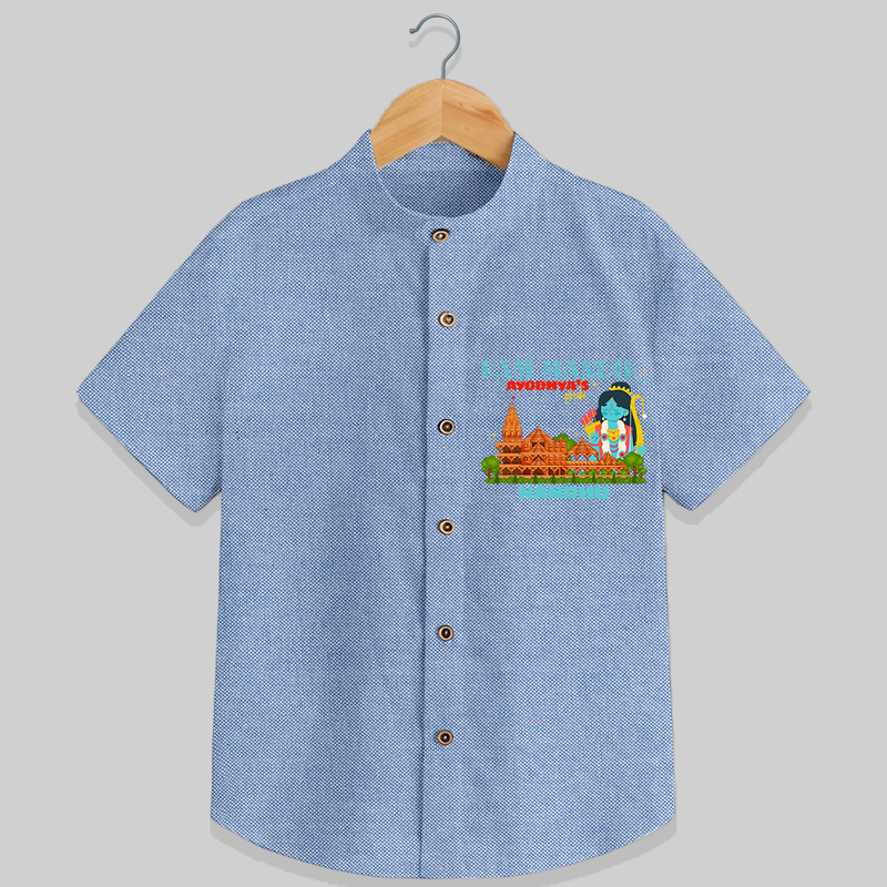 "Radiate festive cheer in our 'Ram Madir Ayothya's Pride' Customised Shirt for Kids - BLUE CHAMBREY - 0 - 6 Months Old (Chest 21")