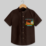 "Radiate festive cheer in our 'Ram Madir Ayothya's Pride' Customised Shirt for Kids - CHOCOLATE BROWN - 0 - 6 Months Old (Chest 21")