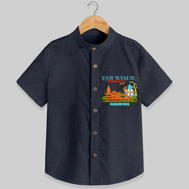 "Radiate festive cheer in our 'Ram Madir Ayothya's Pride' Customised Shirt for Kids - DARK GREY - 0 - 6 Months Old (Chest 21")