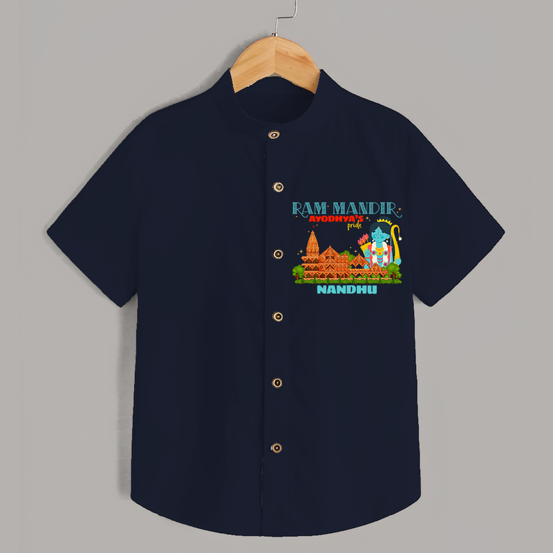 "Radiate festive cheer in our 'Ram Madir Ayothya's Pride' Customised Shirt for Kids - NAVY BLUE - 0 - 6 Months Old (Chest 21")