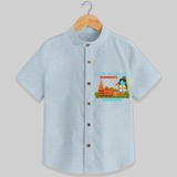 "Radiate festive cheer in our 'Ram Madir Ayothya's Pride' Customised Shirt for Kids - PASTEL BLUE CHAMBREY - 0 - 6 Months Old (Chest 21")