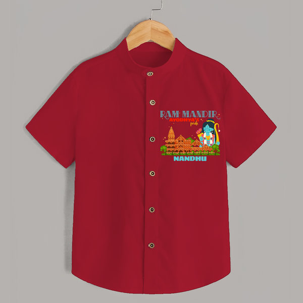 "Radiate festive cheer in our 'Ram Madir Ayothya's Pride' Customised Shirt for Kids - RED - 0 - 6 Months Old (Chest 21")