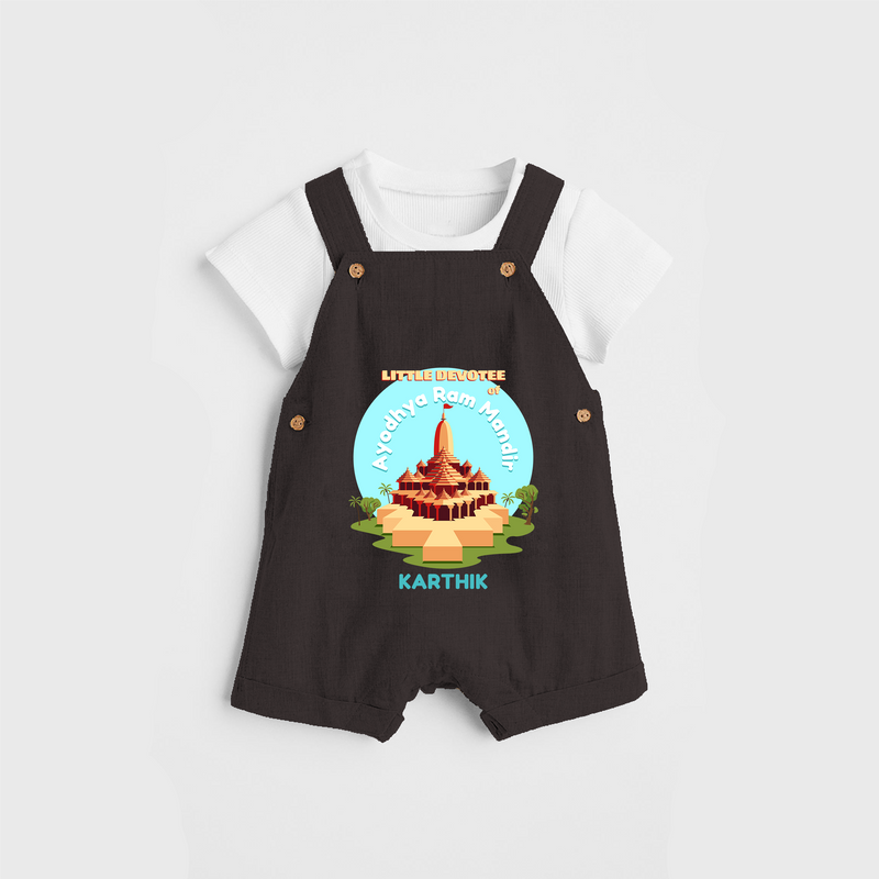 Celebrate tradition in style with our 'Little Devotee of Ayothya Ram Mandir' Customised Dungaree Set for Kids - CHOCOLATE BROWN - 0 - 3 Months Old (Chest 17")