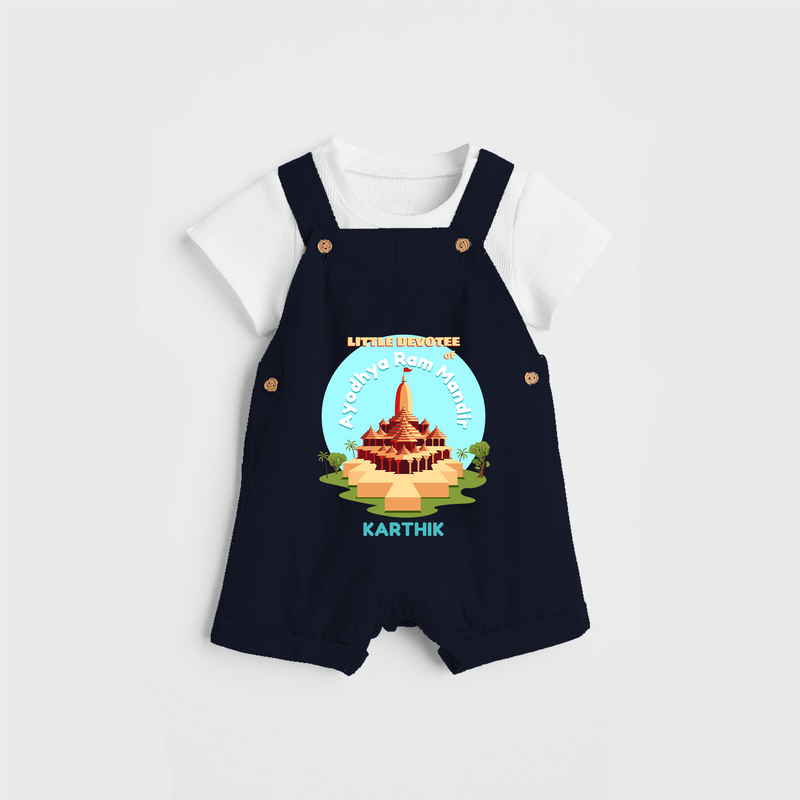 Celebrate tradition in style with our 'Little Devotee of Ayothya Ram Mandir' Customised Dungaree Set for Kids - NAVY BLUE - 0 - 3 Months Old (Chest 17")