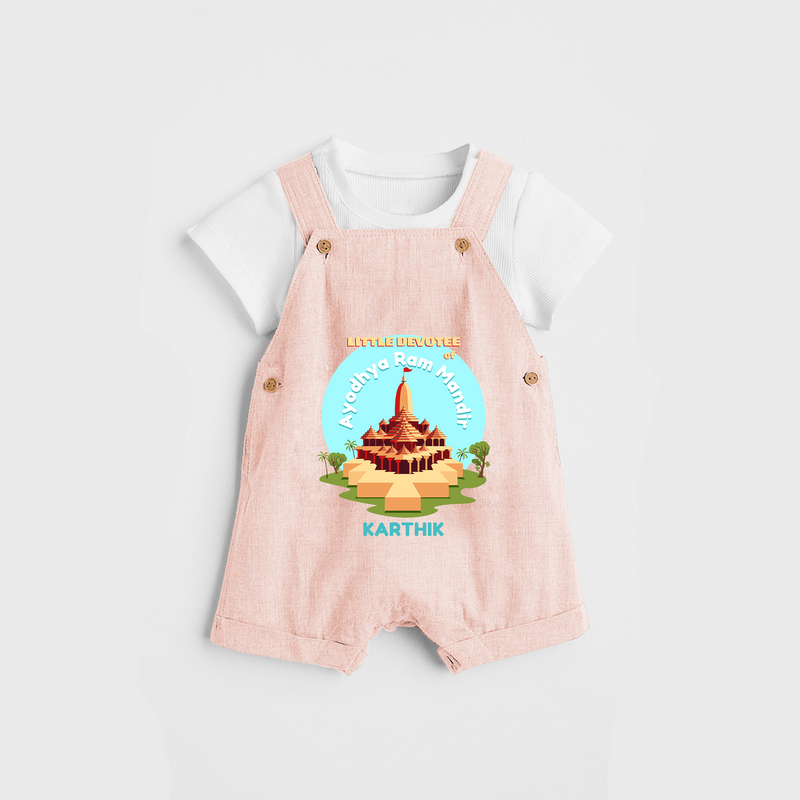 Celebrate tradition in style with our 'Little Devotee of Ayothya Ram Mandir' Customised Dungaree Set for Kids - PEACH - 0 - 3 Months Old (Chest 17")