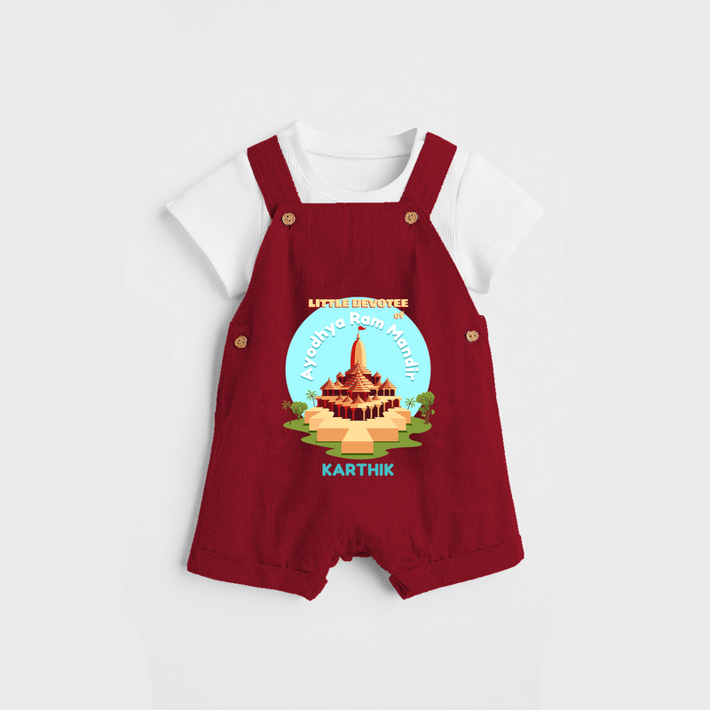 Celebrate tradition in style with our 'Little Devotee of Ayothya Ram Mandir' Customised Dungaree Set for Kids - RED - 0 - 3 Months Old (Chest 17")