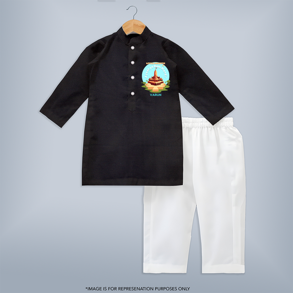 Celebrate tradition in style with our 'Little Devotee of Ayothya Ram Mandir' Customised Kurta Set for Kids - BLACK - 0 - 6 Months Old (Chest 22", Waist 18", Pant Length 16")