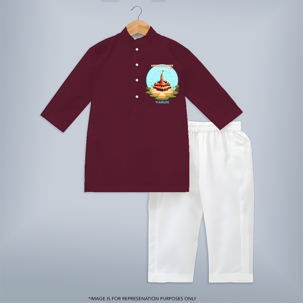 Celebrate tradition in style with our 'Little Devotee of Ayothya Ram Mandir' Customised Kurta Set for Kids - MAROON - 0 - 6 Months Old (Chest 22", Waist 18", Pant Length 16")