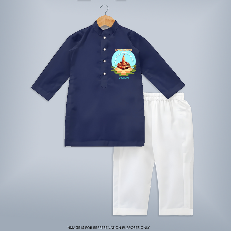 Celebrate tradition in style with our 'Little Devotee of Ayothya Ram Mandir' Customised Kurta Set for Kids - NAVY BLUE - 0 - 6 Months Old (Chest 22", Waist 18", Pant Length 16")