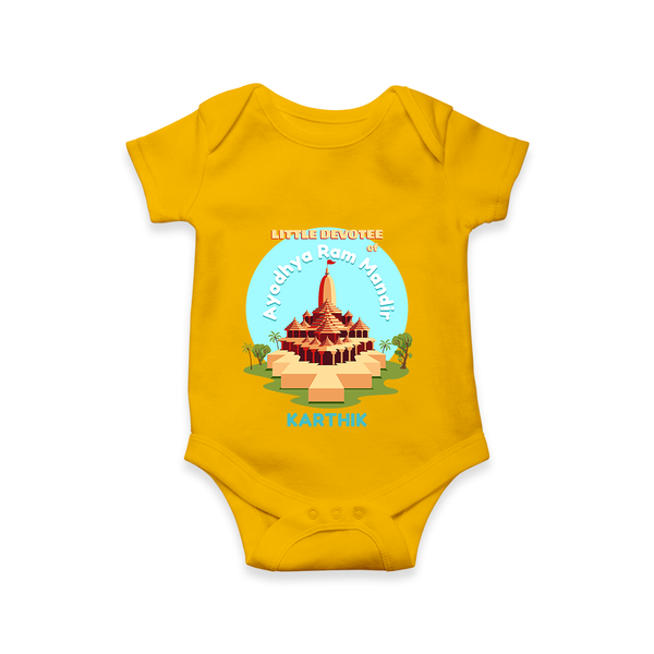 Celebrate tradition in style with our 'Little Devotee of Ayothya Ram Mandir' Customised Romper for Kids - CHROME YELLOW - 0 - 3 Months Old (Chest 16")