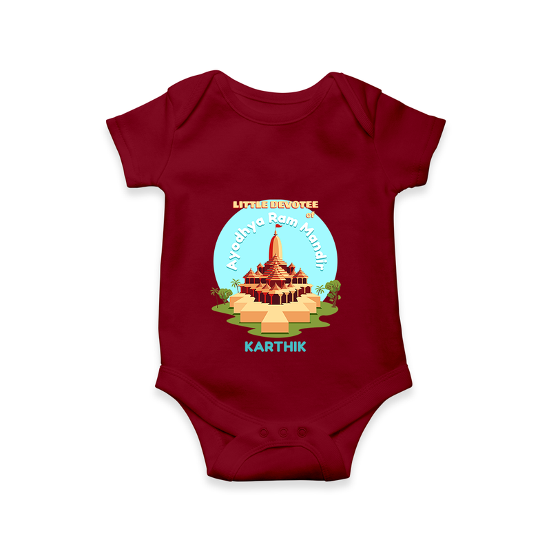 Celebrate tradition in style with our 'Little Devotee of Ayothya Ram Mandir' Customised Romper for Kids - MAROON - 0 - 3 Months Old (Chest 16")
