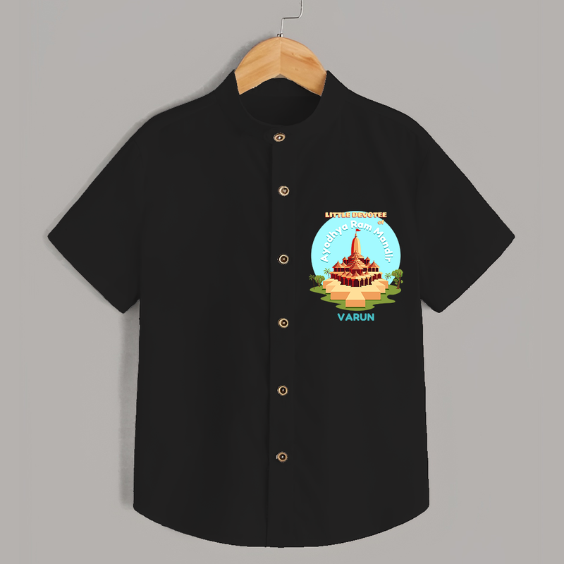 Celebrate tradition in style with our 'Little Devotee of Ayothya Ram Mandir' Customised Shirt for Kids - BLACK - 0 - 6 Months Old (Chest 21")